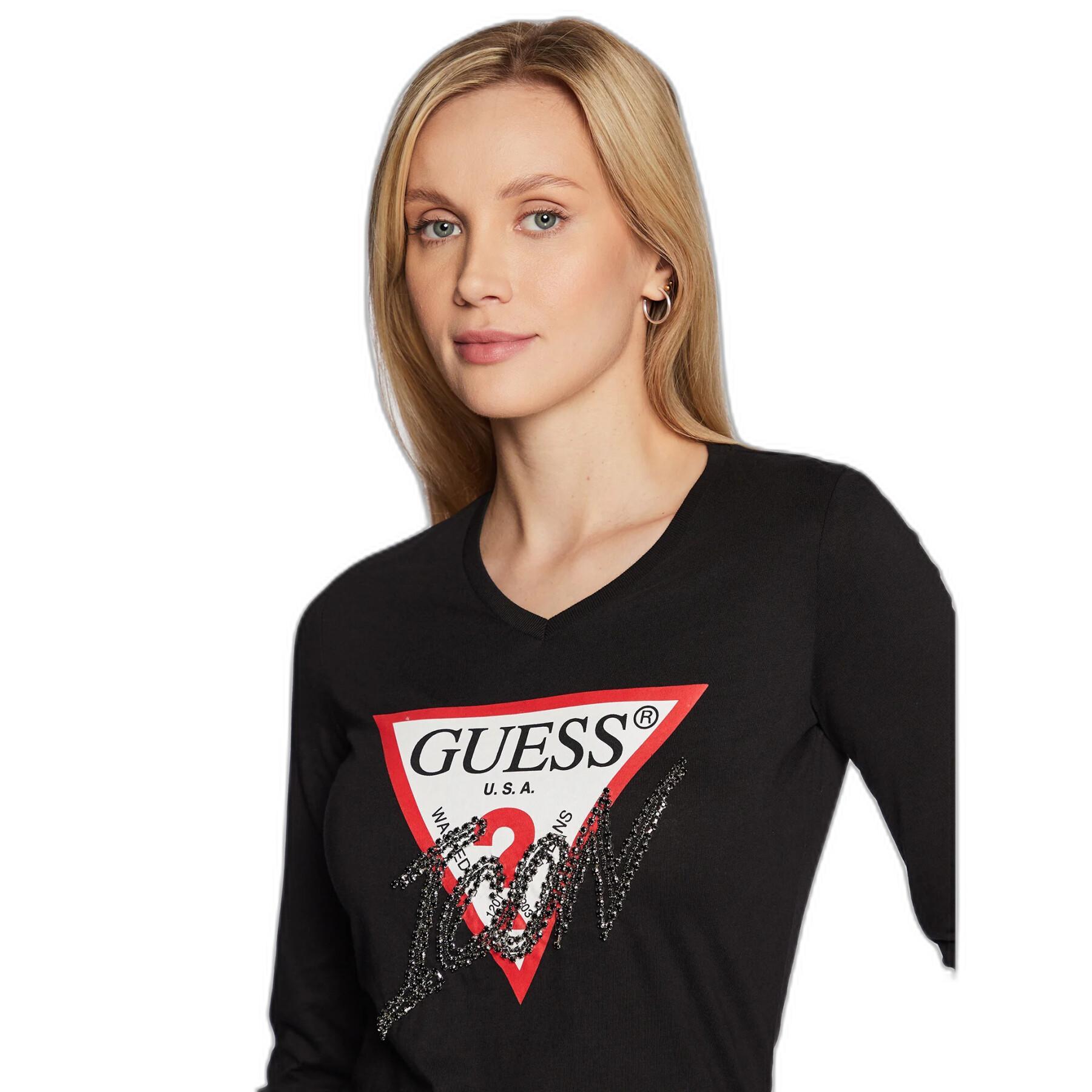 Dames-T-shirt met lange mouwen en v-hals Guess Icon